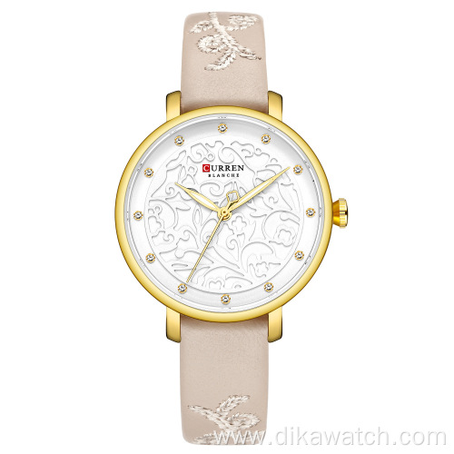 CURREN 9046 New Trendy Women Watch with Rhinestone Well-made Chinese Brand Quartz Watch Leather Strap Fashion Wristwatch